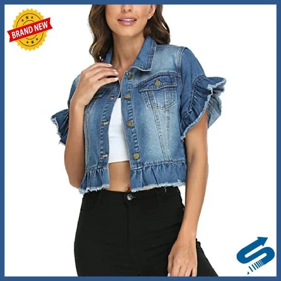 Cropped Denim Jacket with Ruffle Sleeves, Distressed Hem, Stretch Fit - Picture 2 of 8
